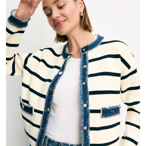 Sandro Cream Jacket with Black Stripes and Denim Trim - Picture 3 of 10